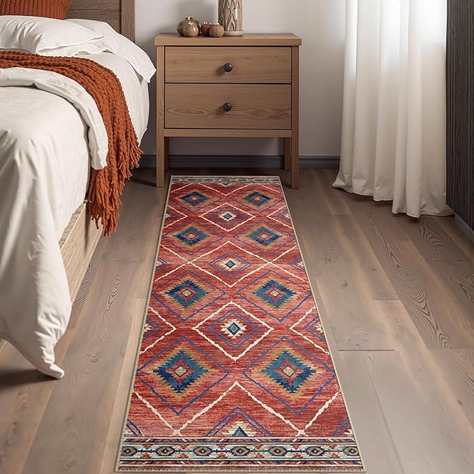 Area Rug 2x5 Rug Machine Washable Non-Slip Low Pile Print Pattern Western Rug for Living Room Bedroom Entryway Tribal Series-Red/Orange