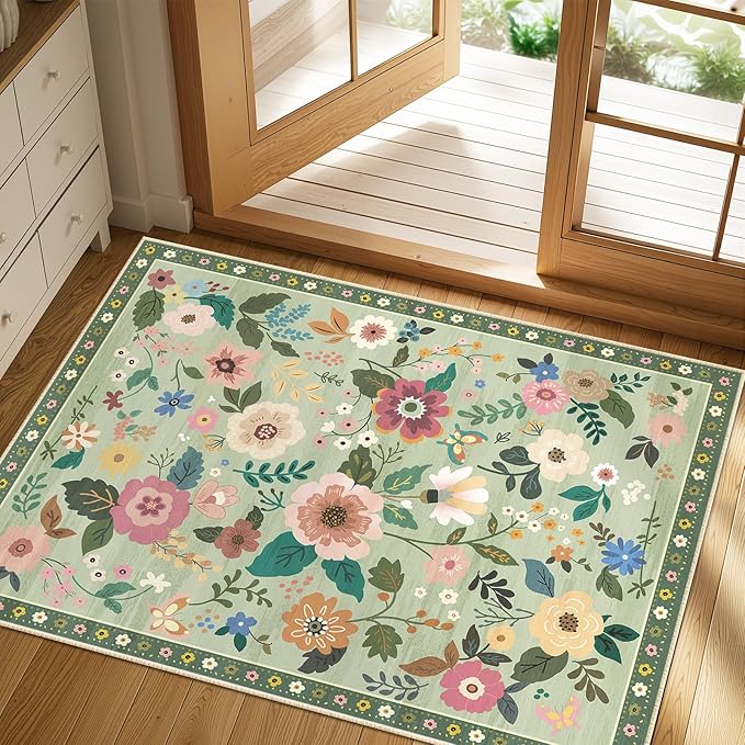 Floral 2x3 Area Rug Machine Washable Soft Print Boho Carpet Non Slip Doormat Low Pile Flower Area Rugs for Living Room Bedroom Nursery Kitchen Dining Room Indoor-Light Green