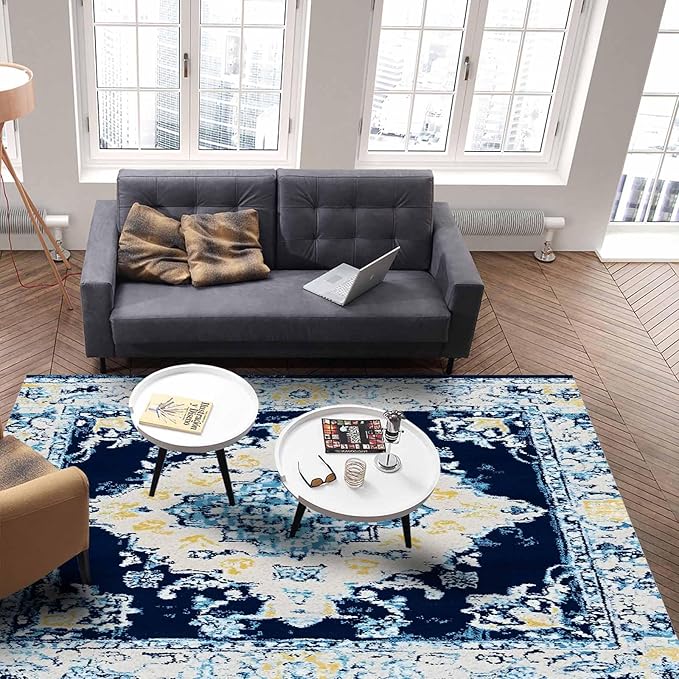Bohemian Pattern Rectangular Area Rugs for Living Room Bedroom 4 x 6 ft Blue & Yellow Abstract Non-Shedding Soft Low Pile Rug Non Slip Washable Rug for Nursery Entryway Playroom