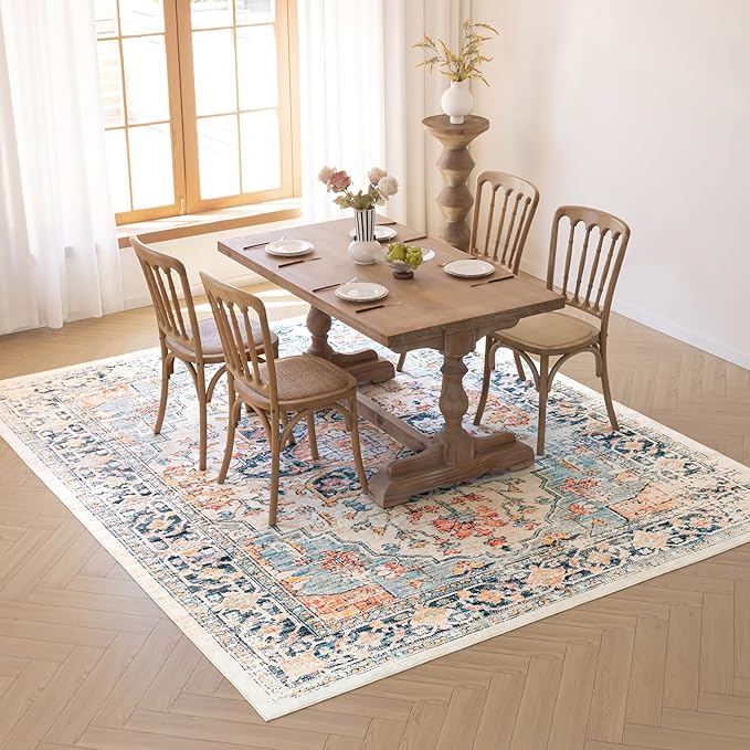 VK VK·LIVING Machine Washable Rug 4'x6' Vintage Design Washable Area Rugs with Non Slip Rugs for Living Room Bedroom Traditional Woven Carpet Stain Resistant,Home Decor Office Boho Rug, Blue&Orange