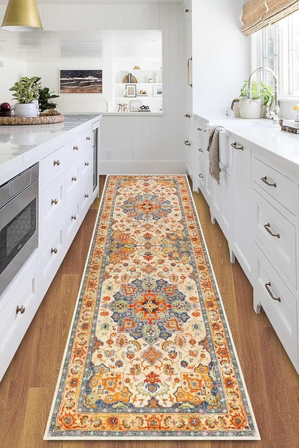 COMSLE Boho Runner Rug, 2' x 8' Washable Rugs for Hallway Faux Wool Small Kitchen Area Rug Distressed Throw Rug Non-Slip Laundry Room Rug Carpet Runner for Entryway Indoor Bedroom