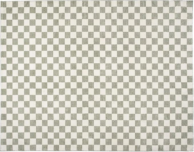 Revival Rugs Gambit 3'11"x6'1" Checkered Rug Machine Washable Area Rug for Kitchen Bedroom - 100% Recycled Oeko-TEX Certified, Medium Pile, Green, Beige