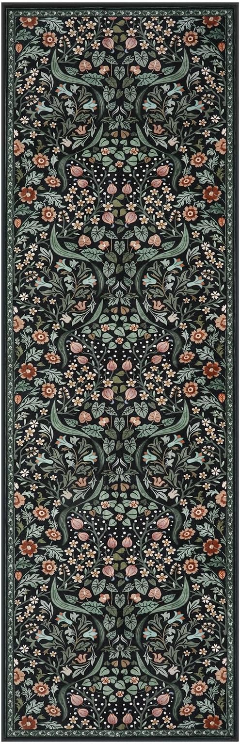 Lahome Floral Washable Runner Rug, 2.6x8 Black Runners for Hallways Non Slip, Soft Low Pile Stain Resistant Kitchen Runner with Rubber Backing, Boho Thin Long Carpet for Entrance Laundry