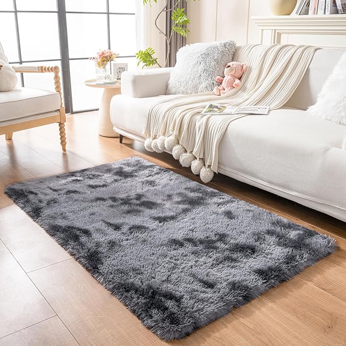 duduta Grey Plush Area Rugs for Bedroom 5x8 ft, Fluffy Carpet for Living Room Kids Room, Large Shag Dorm Rug, Washable Non Slip