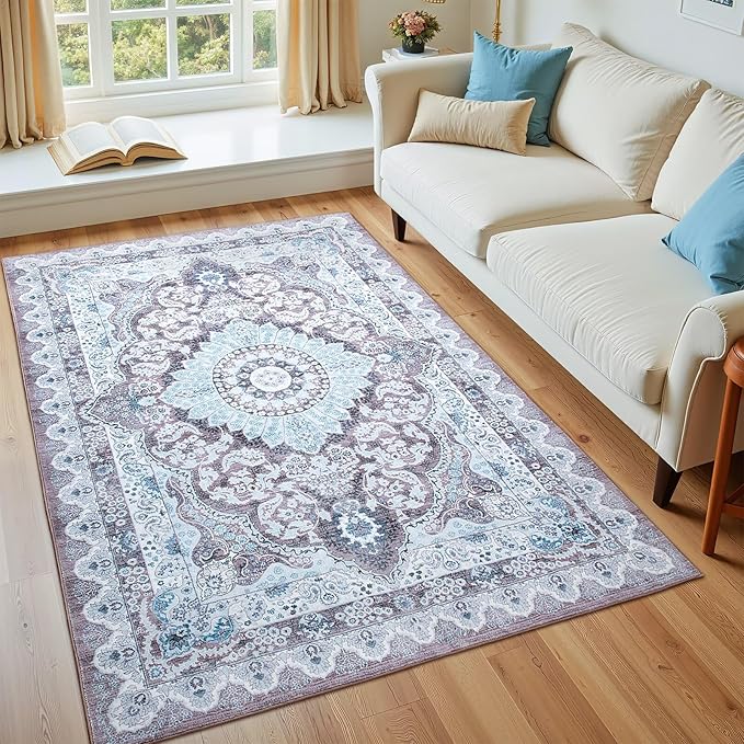 3x5 Area Rug for Bedroom, Machine Washable Rugs with Non-Slip Backing for Living Room, Soft Vintage Carpet Kitchen Laundry Kids Room Decor, Blue & Brown