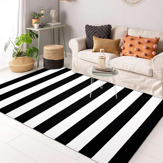 KOZYFLY Black and White Striped Area Rug 3x5 Ft Front Door Rug Hand Woven Cotton Washable Outdoor Doormats Outdoor Entrance Mat for Front Door Kitchen Entryway Patio Front Porch Decor