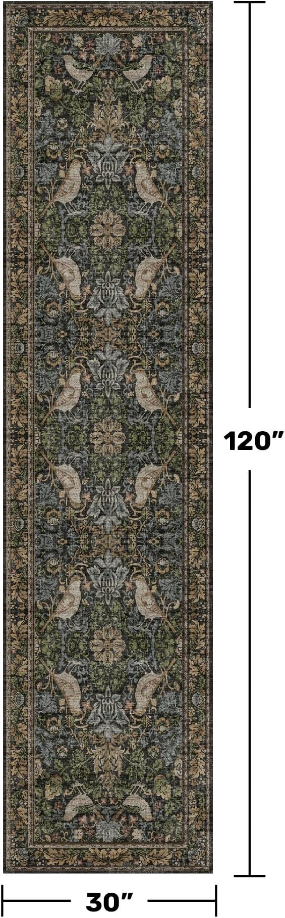 Vintage Runner Rugs for Hallways - 2'6"x10' Wide Kitchen Runners, 10 ft Long Entryway Rug, Botanical Pattern with Flowers and Leaves, Washable Non Slip Low Pile