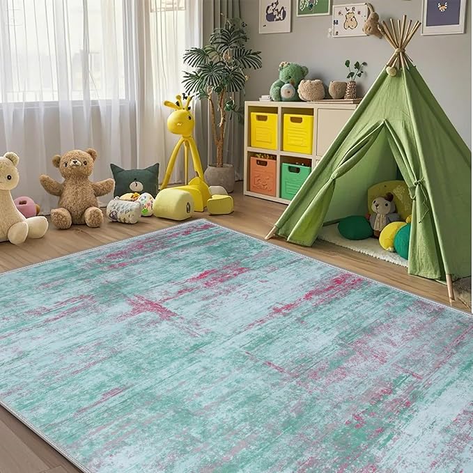 6x9 Abstract Area Rugs for Living Room, Modern Washable Indoor Rug for Bedroom, Thin Soft Large Non-Slip Carpet for Dining Room Home Office Farmhouse Decor - Abstract Green Red