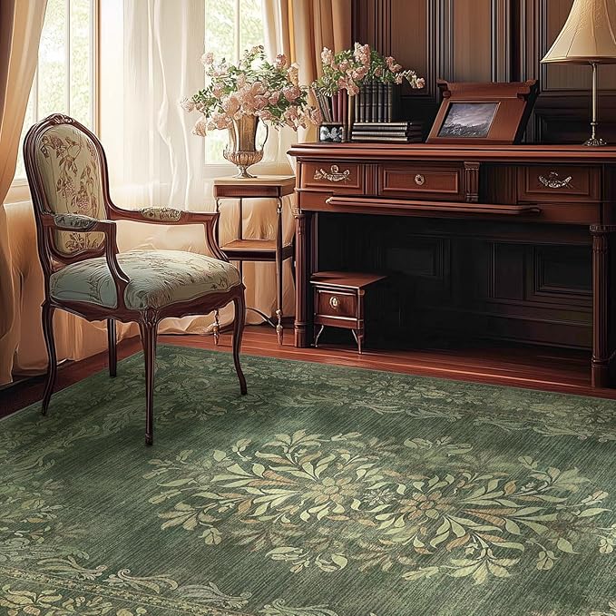 jinchan Green 4x6 Area Rugs Vintage Floral Design - Machine Washable Distressed Soft Ultra-Thin Low-Pile Non-Slip Carpet for Entryway Kitchen Bedroom Nursery Living Room Dining Room (4x6ft,Green)