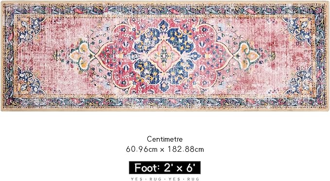 Washable Runner Rug 2x6 Pink Boho Area Rug for Hallway Entryway Kitchen Laundry Room Bathroom Bedroom Non Slip Blush Vintage Rug Indoor Carpet