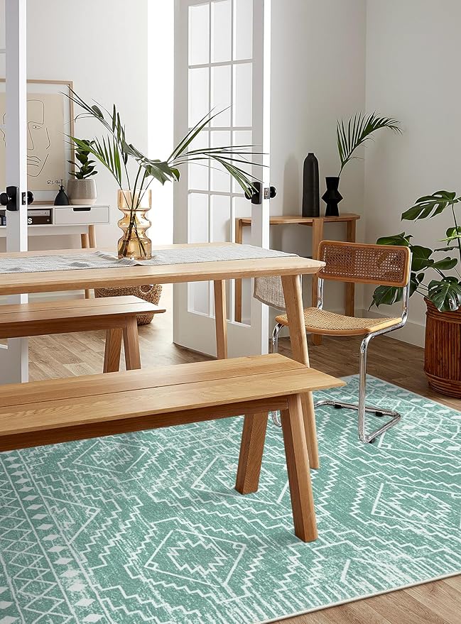 Wonnitar Moroccan Area Rugs 4x6, Sage Green Boho Rug for Bedroom, Washable Ultra-Thin Living Room Throw Mat, Farmhouse Geometric Soft Print Carpet for Nursery Bathroom Kitchen (Mint Green,4'x6')
