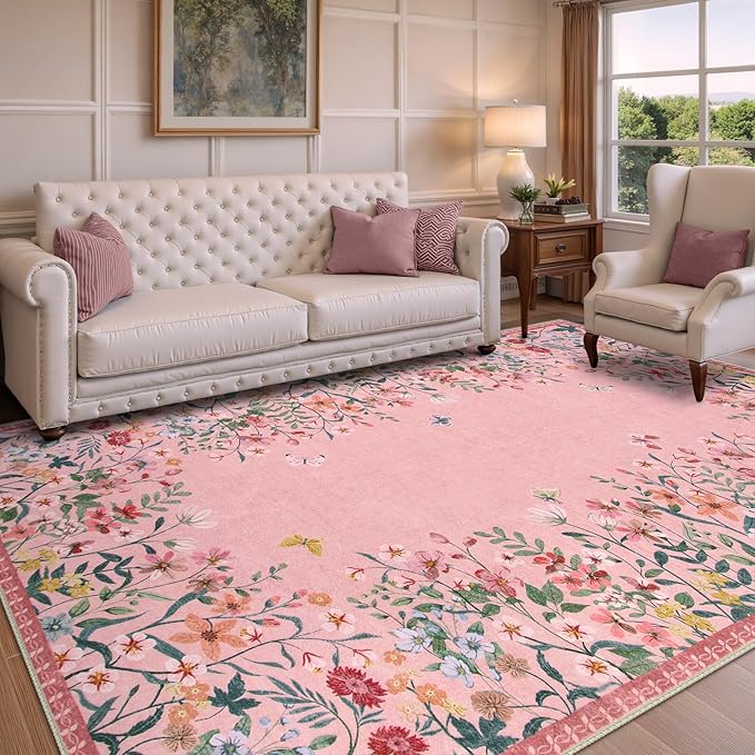 Wonnitar Washable Rug 6x9, Pink Botanical Area Rug for Girls Bedroom, Non-Slip Soft Nursery Kids Room Floral Rug Thin Throw Carpet for Dorm Living Room Decor (Pink,6'x9')