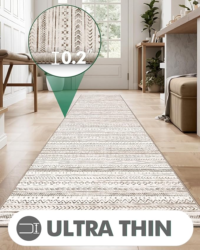 LUMI Washable Runner Rug, 3'x10' Non-Slip Hallway Mat, Low Profile Thin Long Carpeet for Laundry Kitchen Bedroom Office, White and Brown