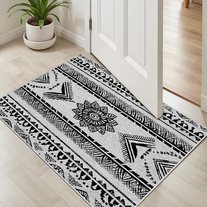 Area Rugs Moroccan for Living Room 4x5, Washable Non-Slip Boho Rug, Neutral Farmhouse Soft Carpet for Bedroom, Kitchen, Dining Room, Entryway, Geometric Print Tribal Carpets, Black and White