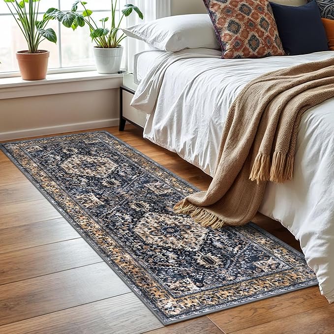 KOZYFLY Runners for Hallways 2x6 Ft Washable Kitchen Runner Rug Boho Runner Rug for Entryway Indoor Gold Navy Printed Oriental Faux Wool Floor Carpet Runner for Bedroom Kitchen Hall