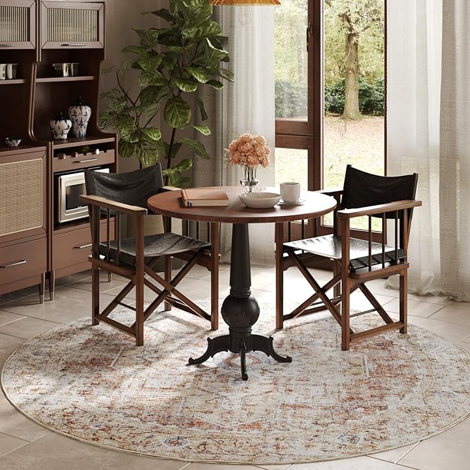 jinchan Kelda Round Rug 7ft Washable Area Rug Indoor Vintage Bedroom Floor Cover Distressed Circle Mat 7' Round Lightweight Non Slip Low Pile Thin Farmhouse Carpet for Living Room Brick Red
