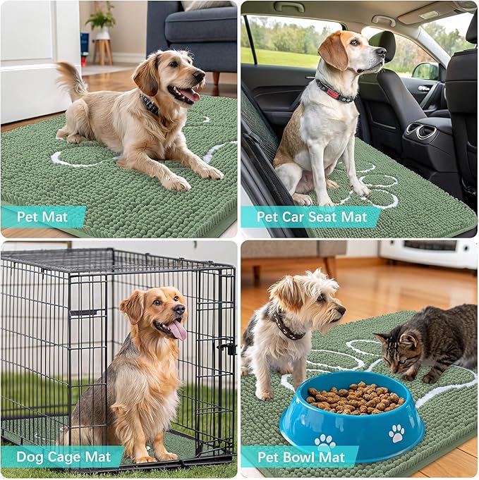 OLANLY Dog Door Mat for Muddy Paws 36x24, Paw Print Design, Absorbs Moisture and Dirt, Non-Slip Washable Doormat, Quick Dry Chenille Mud Mat, Entry Indoor Entryway Carpet, Olive Green and White