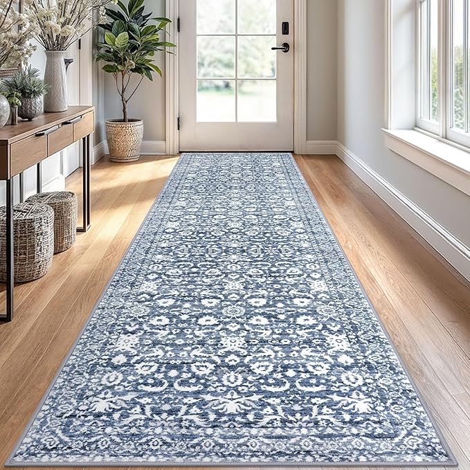 Runner Rug 2.6x10, Light Blue White Washable Long Hallway Rug Runner Non-Slip Soft Kitchen Runner Thin Printed Faux Wool Super Soft Carpet for Entryway Bedroom Laundry Room Indoor Home Decor
