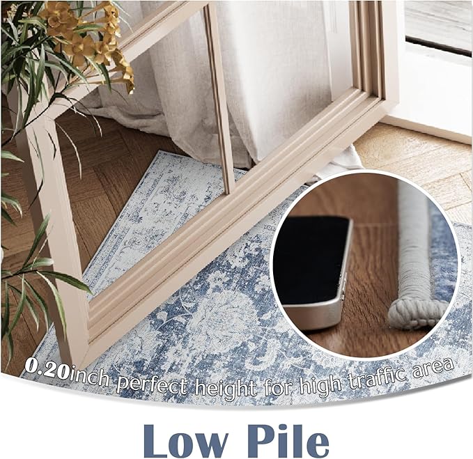 jinchan Fiora Floral 2x3 Rug for Entryway - Vintage Washable Area Rug Ultra-Thin Low Pile Soft Small Non Slip Distressed Indoor Door mat Accent for Entrance Kitchen Bathroom Bedroom (2x3ft, Dark Blue)