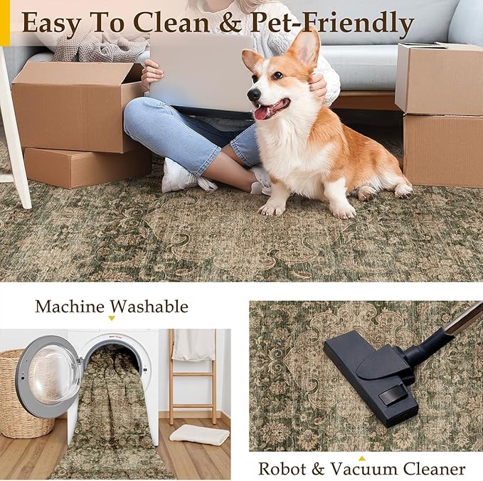 2x5 Washable Vintage Runner Rug Green Brown Hallway Kitchen Carpet Non-Slip Soft Low Pile Distressed Throw Rug for Bedroom Bathroom Laundry Living Room