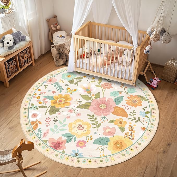 Floral 6ft Area Rug Machine Washable Soft Print Boho Carpet Non Slip Doormat Low Pile Flower Area Rugs for Living Room Bedroom Nursery Kitchen Dining Room Indoor-Beige/White/Orange