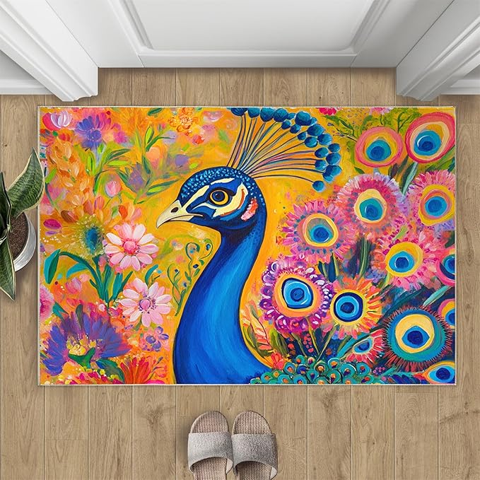 Peacock Rugs for Living Room - 2x3 Rug, Boho Floral Botanical Area Rugs for Bedroom, Wonderful Peacock Rug, Peafowl Washable Carpet, Floral Animal Carpet - Peafowl Home Decor & Gifts