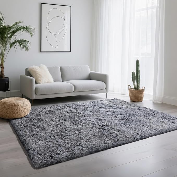 4x6 Area Rugs for Living Room Bedroom, Soft Fluffy Shaggy Bedside Rug, Indoor Floor Carpet for Kids Playroom, Dorms, Nursery Rooms, Home Decor (Grey 4'x6')