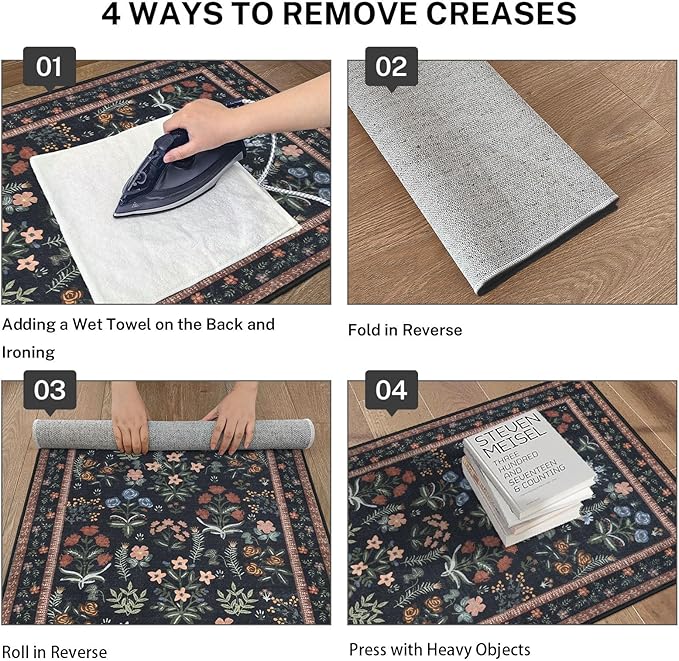 Boho 2x5 Runner, Black Navy Floral Washable Hallway Runner, Non-Slip Kitchen Runner, Super Thin Printed Faux Wool Soft Carpet for Entryway, Front Door, Backdoor, Bedside