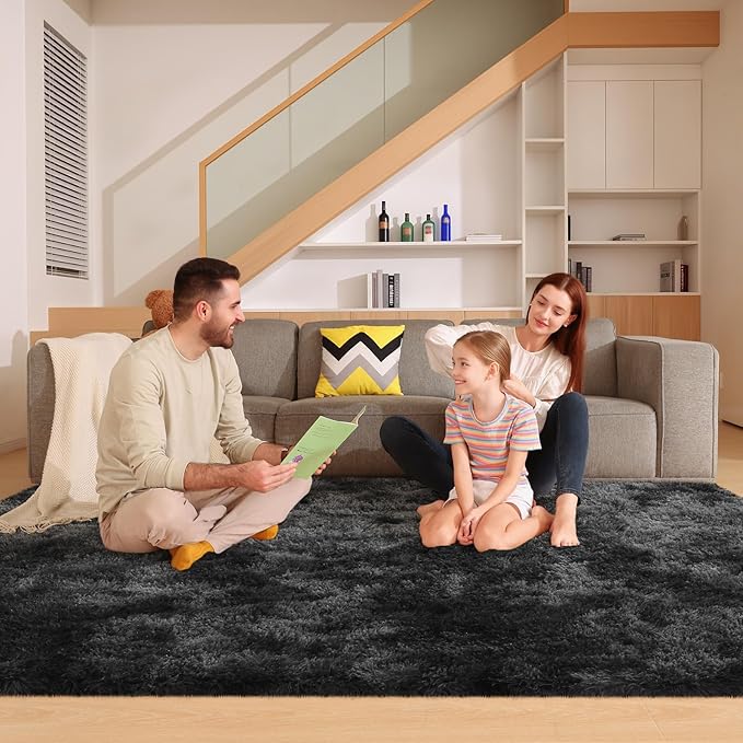 6x9 Area Rugs for Living Room, Fluffy Large Rugs for Bedroom, Soft Shag Fuzzy Non-Slip Carpet for Kids Boys and Girls Nursery Room Dorm Indoor Home Decor (Tie-Dyed Black Grey, 6ft x 9ft)