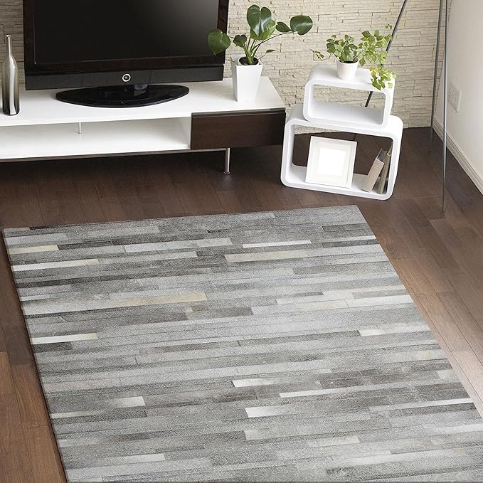 Cowhide Leather Rug for Living Room 9.9x14 Natural Leather Rug Silver Modern Stripes Style Floor Carpet for Home Decor | Superior Indoor Area Rug