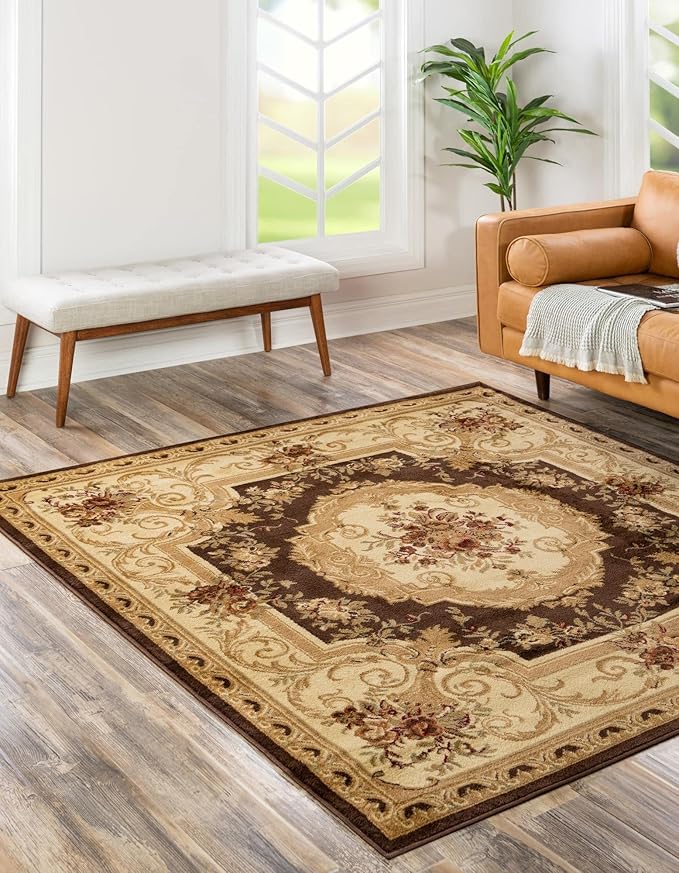 Rugs.com Chateau Collection Rug – 6 Ft Square Brown Medium Rug Perfect for Living Rooms, Kitchens, Entryways