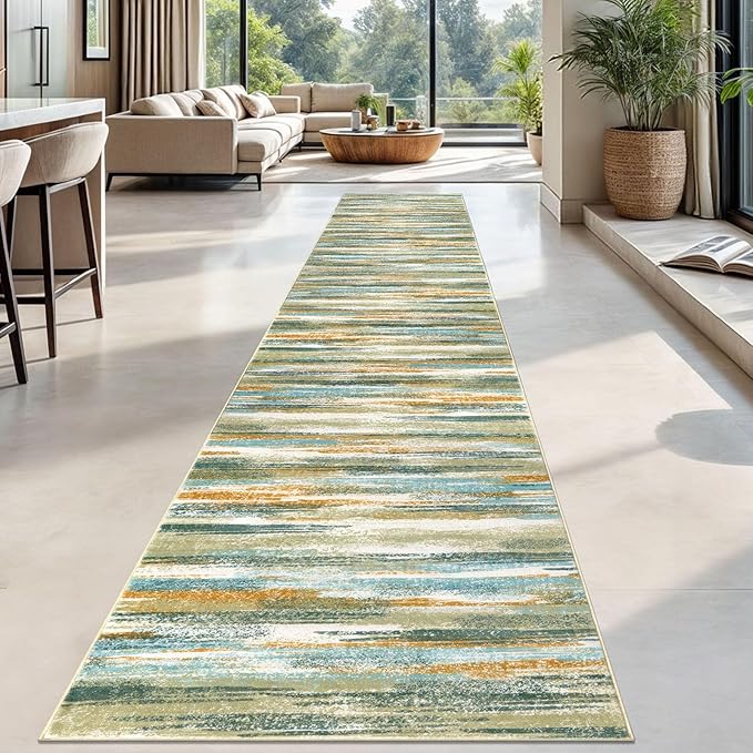 Modern Abstract Runner Rug 2.6x18, Green Mustard Multi Washable Long Kitchen Runner Non-Slip Soft Hallway Rug Runner Thin Print Faux Wool Carpet for Entryway Bedroom Laundry Room Indoor