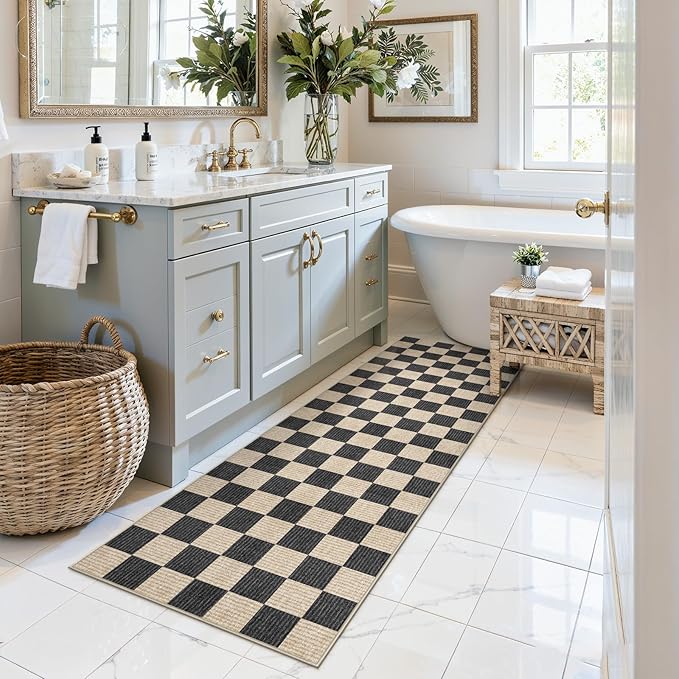 LIVEBOX Washable Runner Rug Checkered, 2x6 Black Runner Rugs for Hallway, Non-Slip Kitchen Runners, Farmhouse Neutral Classic Geometric for Hallways, Entryway, Bedroom, Bathroom(Black 2'x6')