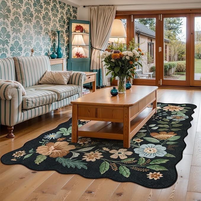 Lahome Floral Rugs for Living Room, 5x7 Area Rugs Ultra-Thin Soft Washable Rug, Non-Slip Bedroom Rug Stain Resistant Lightweight Boho Low-Pile Throw Carpet for ‎Dining Room Office (5x7ft,Black/Grey)