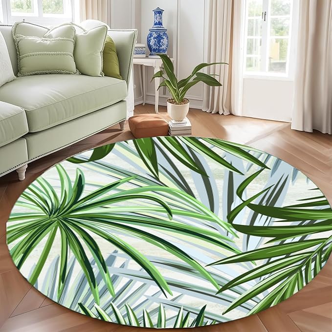 Round Rug 5ft - Pink Tropical Floral with Watercolor Leaves, Non-Slip Low Pile Circle Rug, Bohemian Jungle Turtleback Design for Dining Room Table, Living Room, Bedroom