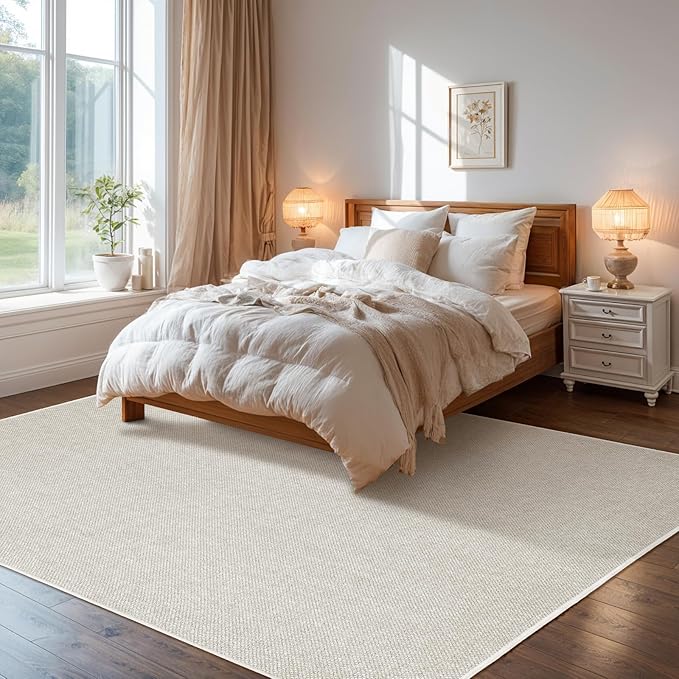 LBRO2M Easy Jute Solid Area Rug 4X6 Washable Rugs for Living Room Bedroom Natural Jute Look Indoor Outdoor Rug Durable, Solid Non Shedding Eco Friendly (4X6 Light Ivory)