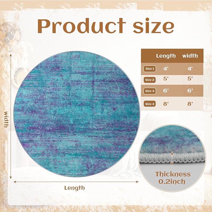 Round 5ft Abstract Rug, Modern Washable Indoor Circle Area Rugs for Living Room, Soft Circular Non-Slip Carpet Floor Mat for Entryway Dining Room Home Office - Teal+Purple