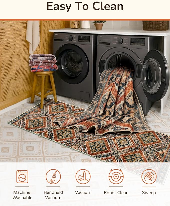 Area Rug 5x7 Rug Machine Washable Non-Slip Low Pile Print Pattern Fall Rug for Living Room Bedroom Entryway Tribal Series -Orange/Brown