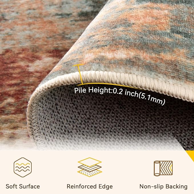 Washable Area Rugs 5'x8' Non-Slip Modern Abstract Soft for Living Room Entryway Bedroom Nursery, Print Pattern, Brown Rust Red Multi