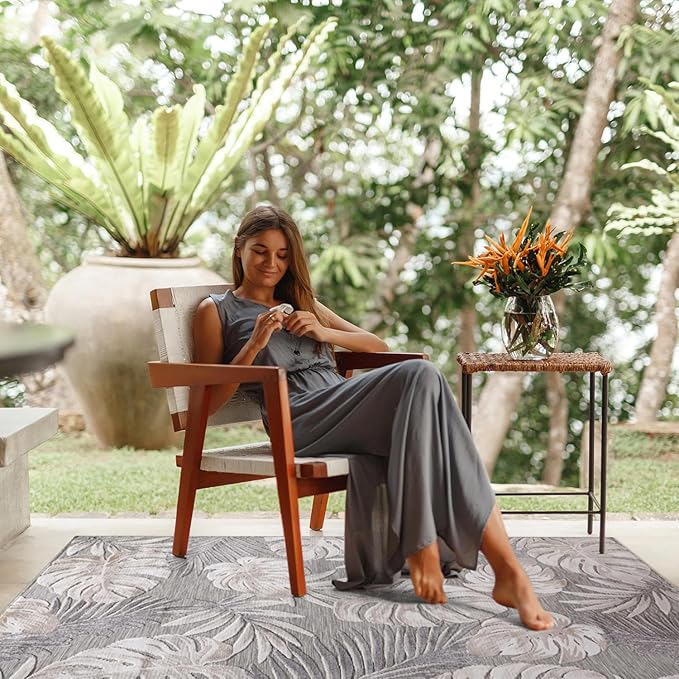 CAMILSON Indoor Outdoor Rug, Beige 7’10”x10’ Leaf Tropical Botanical Area Rugs for Indoor and Outdoor patios, Easy-Cleaning Non-Shedding Living Room, Garden and Kitchen Washable Outside Carpet (8x10)