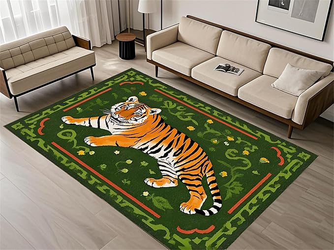 Jungle Tiger Area Rug,3x5ft, Cozy Jungle Style Tiger Print Area Rug Surrounded by Green Plants and Yellow Flowers Washable Animal Rug for Farmhouse Living Room Bedroom Kitchen Kids Room Decor