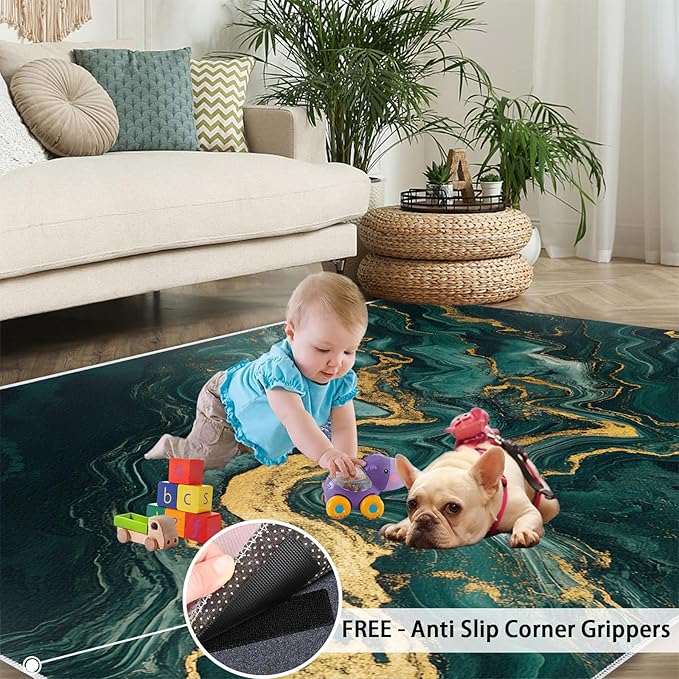 5x7 Abstract Marble Rugs for Bedroom - Emerald-Green-Marble Print Rug, Luxury Stone Pattern Rug Non Slip Soft Rugs for Living Room Hardwood Floors Teen Room