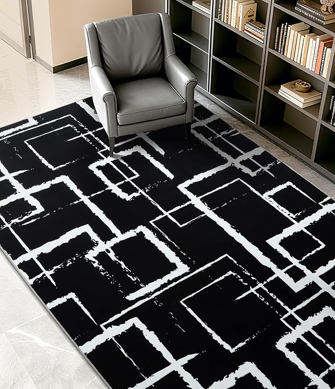 YIHOUSE Black Modern Geometric Area Rug 5x7, Black and White Rug with Abstract Rectangular Patterns,Non-Shedding Washable Rugs for Bedroom, Home Office and Small Living Room