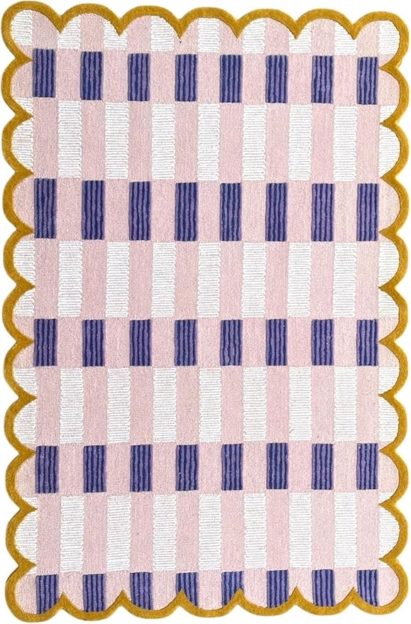 Hand-Tufted Wool Rug with Scalloped Edges, Light Blue Plaid Pattern, Cozy Soft Area Rug for Living Room, Bedroom, and Nursery, Handmade Modern Accent Rug (Pink, 7X10 FEET)