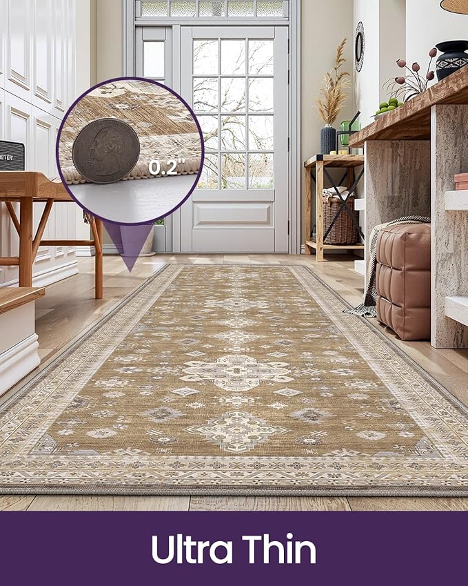 DEXI Hallway Runner Rug 3x8, Distressed Non Slip Runners Carpet, Boho Vintage Soft Thin Indoor Rug, Stain Resistant Washable Entry Mat for Entryway Kitchen Laundry Room Living Room, Light Brown