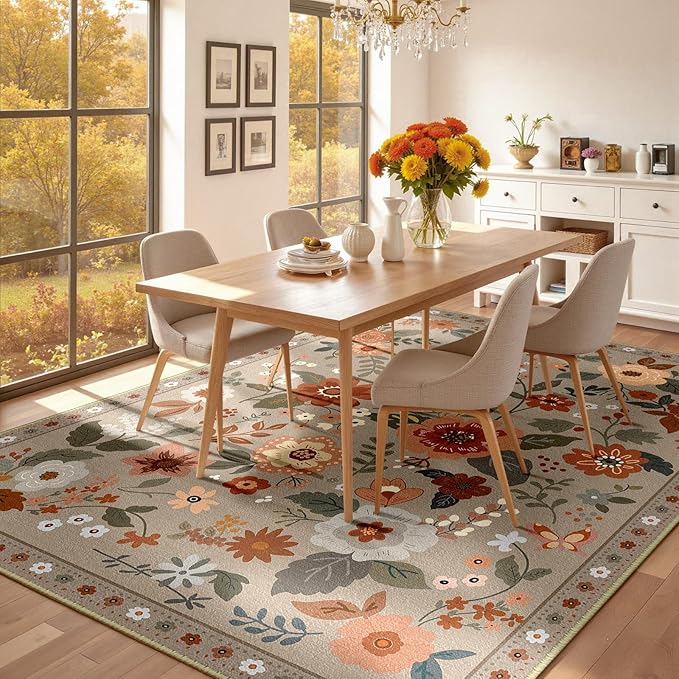 Floral 5x7 Area Rug Machine Washable Soft Print Boho Carpet Non Slip Doormat Low Pile Flower Area Rugs for Living Room Bedroom Nursery Kitchen Dining Room Indoor-Brown/Brick