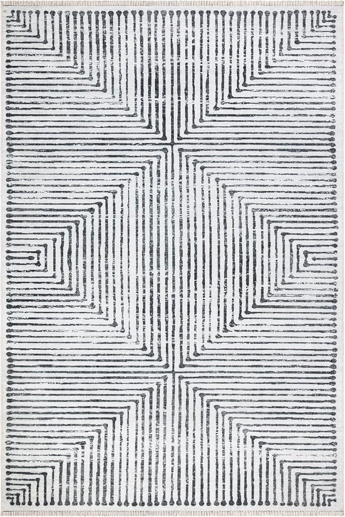 Bloom Rugs Caria Washable Non-Slip 6x9 Rug - Ivory/Black Striped Area Rug for Living Room, Bedroom, Dining Room, and Kitchen - Exact Size: 6' x 9'