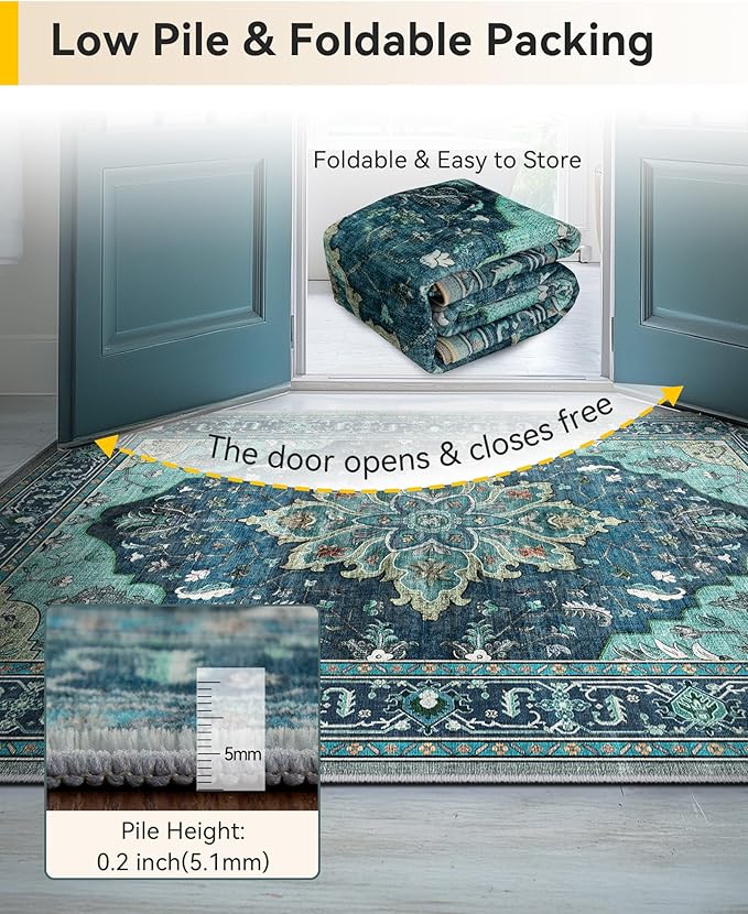 Area Rugs 2'x6' Washable Non-Slip, Floral Vintage Distress Print Pattern Medallion Carpet for Living Room Bedroom Dining Room, Teal Green Lake Blue Turquoise