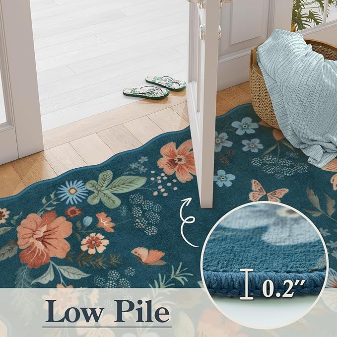 Lahome Floral Rugs for Entryway, 2x4 Washable Kitchen Rugs Ultra-Thin, Non Slip Indoor Door Mat Stain Resistant Boho Small Low-Pile Throw Carpet for Bathroom Bedroom(2x4ft,Navy Blue)