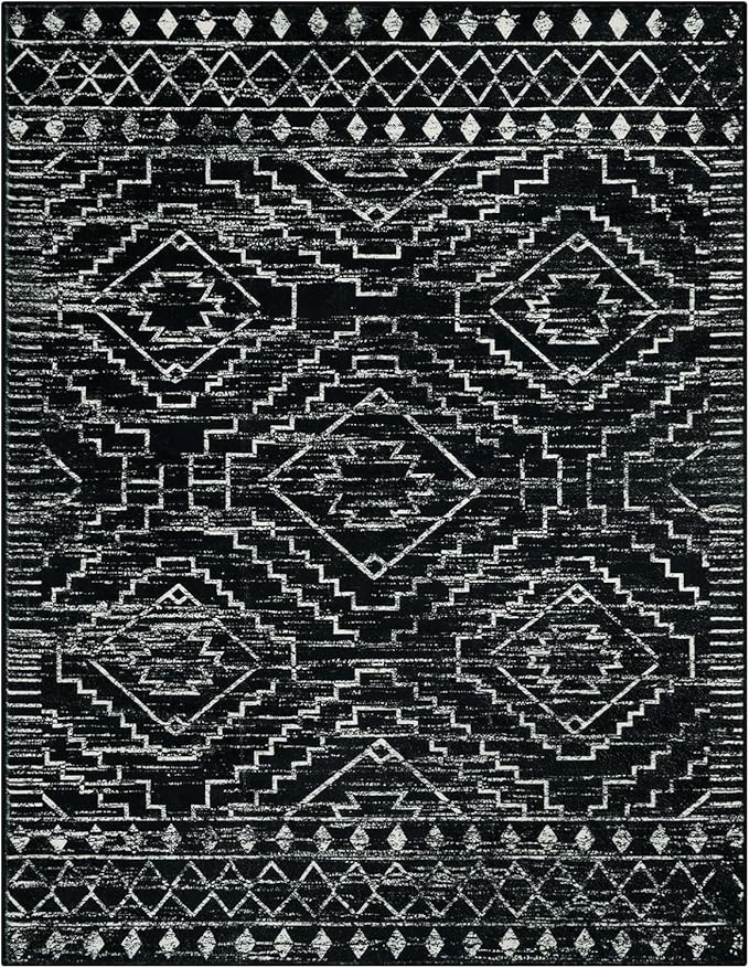 Wonnitar Moroccan Washable Area Rug 5x7, Black Large Rug for Living Room, Non-Slip Boho Bedroom Throw Mat, Low Pile Stain Resistant Geometric Floor Carpet for Dining Table Kitchen Dorm (Black,5'x7')